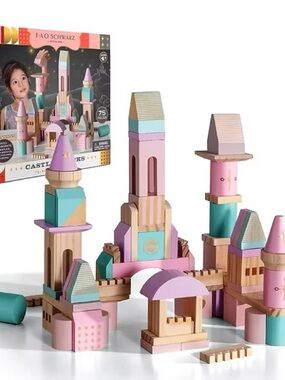 FAO Schwarz Pink and Mint Wooden Castle Blocks - 75-Piece Set